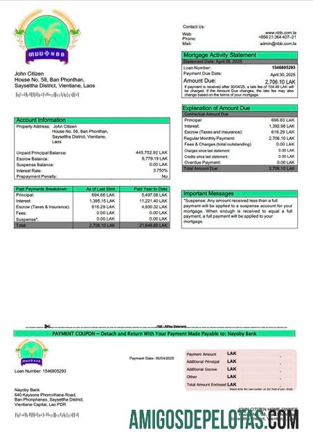 realista Modelo Word e PDF de extrato de hipoteca do Laos Nayoby Bank